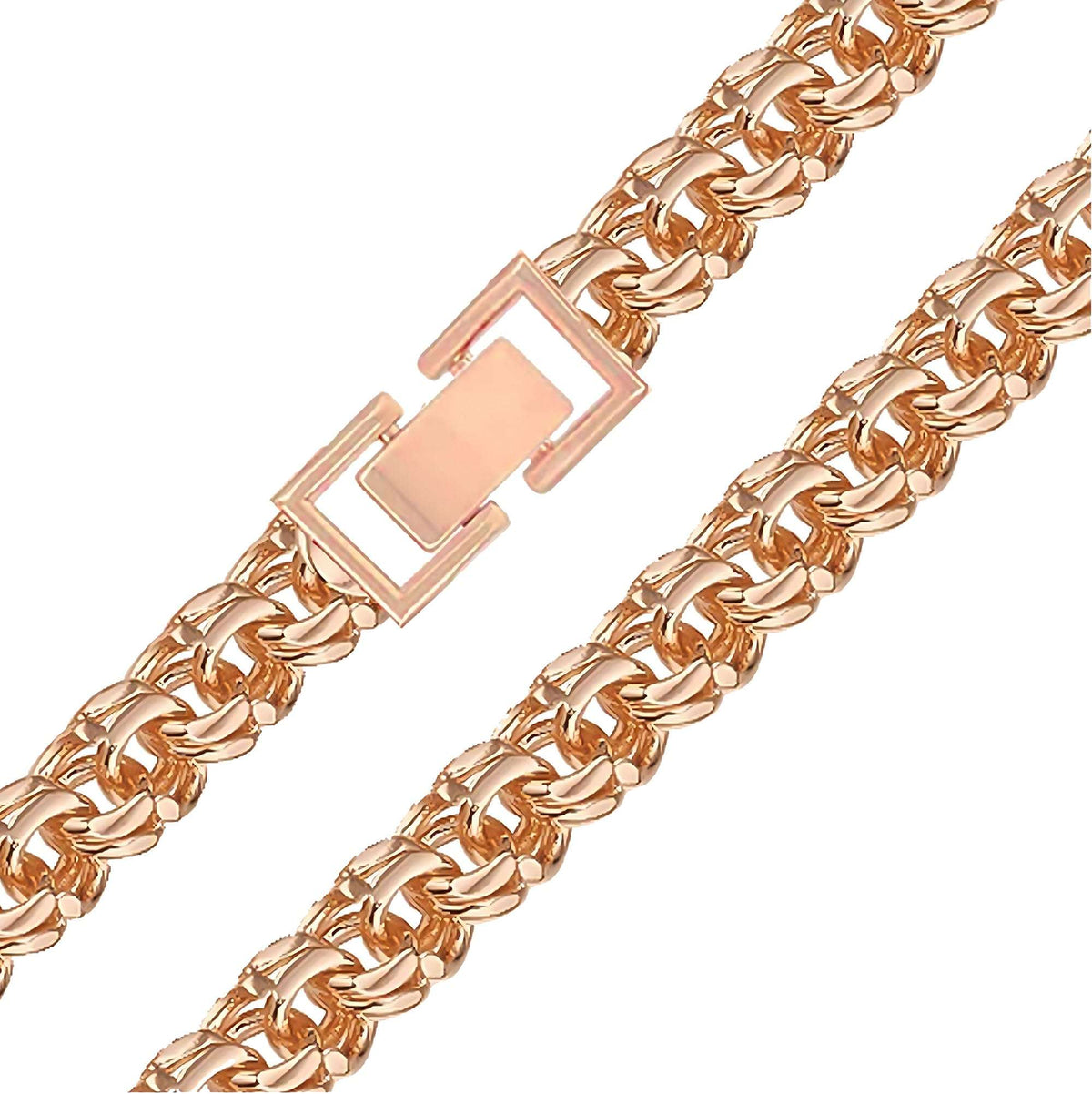 Chunky Garibaldi chain with a warm gold tone and rectangular clasp, close-up