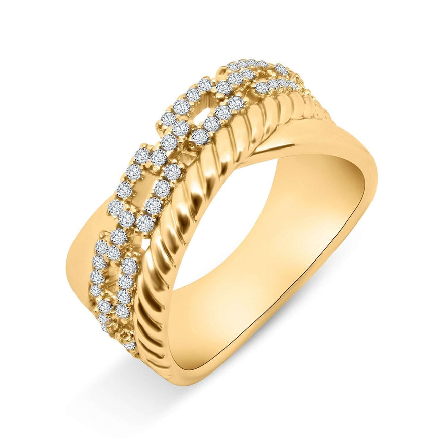 Crossover band ring with crystal rows