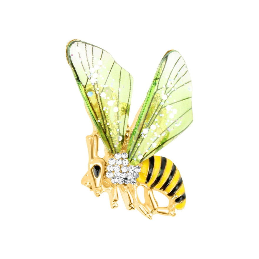 Bee brooch with green wings, 43 mm