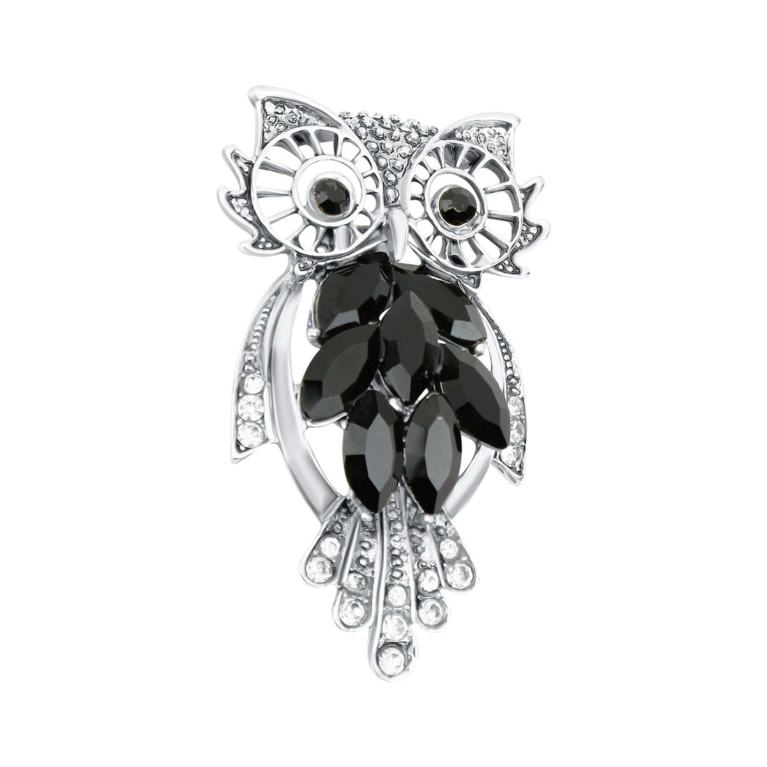 Owl brooch with black crystals, 48 mm