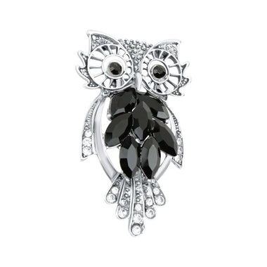 Owl brooch with black crystals, 48 mm