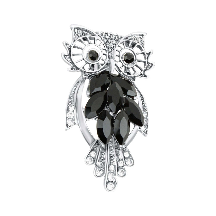 Owl brooch with black crystals, 48 mm