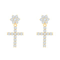 Cross drop earrings with white cubic zirconia and a flower stud