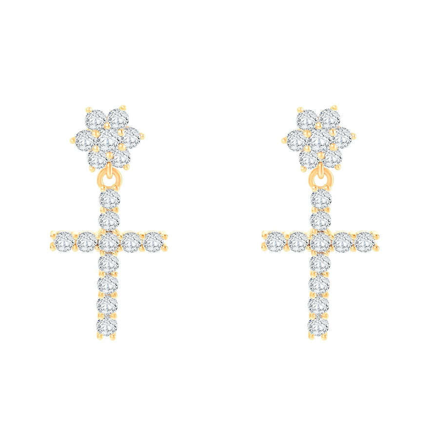 Cross drop earrings with a flower stud