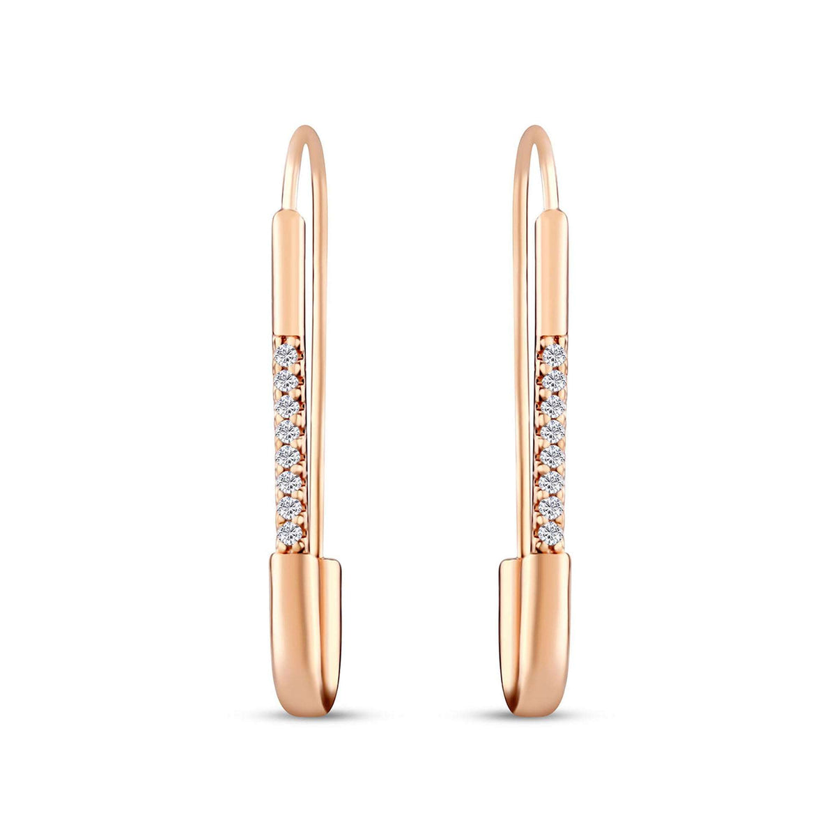 Safety pin earrings in rose gold tone with a row of white cubic zirconia