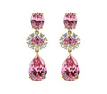 Gold-plated long earrings with three pink crystals under a clear cubic zirconia crown