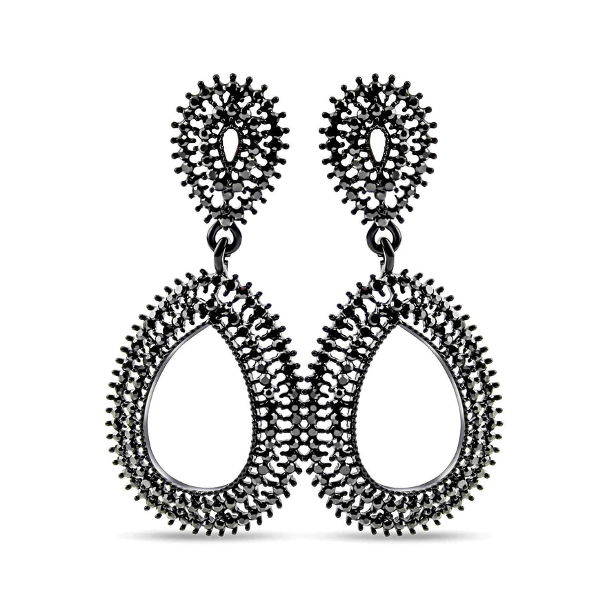 Black openwork teardrop earrings, 60 mm
