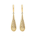 Long teardrop earrings with an openwork lattice pattern, gold plating and leverback clasps