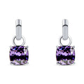 Silver-tone earrings with a vivid violet square stone drop and leverback clasps