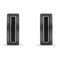 Black rectangular ceramic earrings with a glossy surface and steel edging, front view