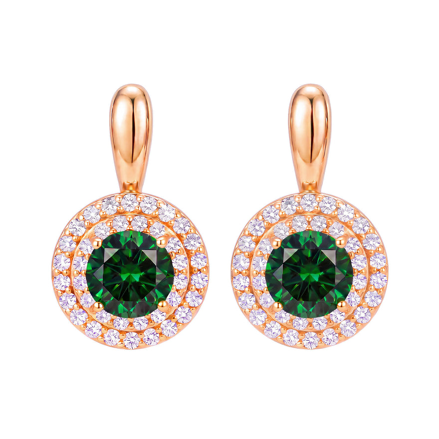 Green stone double halo earrings
