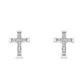 Silver-tone cross earrings with sparkling stones on a white background