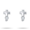 Silver-tone cross earrings with a round sparkling crystal below the cross