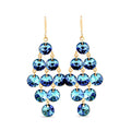 Long cascade earrings with blue-green round crystals and gold-plated French hooks