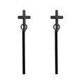 Black cross earrings with a hanging straight bar and push-back fastenings on white