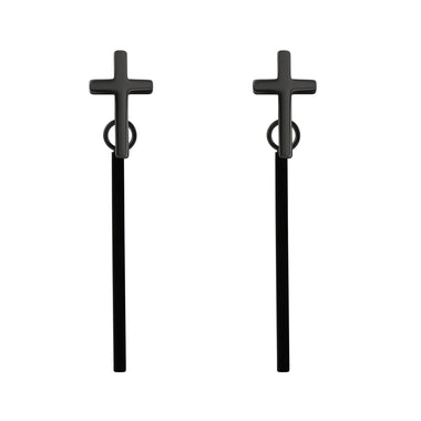 Black cross drop earrings with a bar