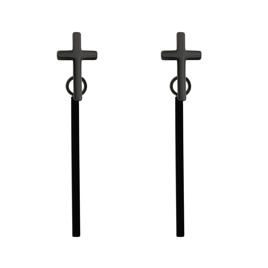 Black cross drop earrings with a bar