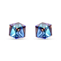 Blue-violet cube crystal stud earrings with a gold-tone post
