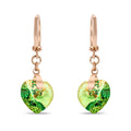 Drop earrings with green heart crystals and rose gold-tone hooks