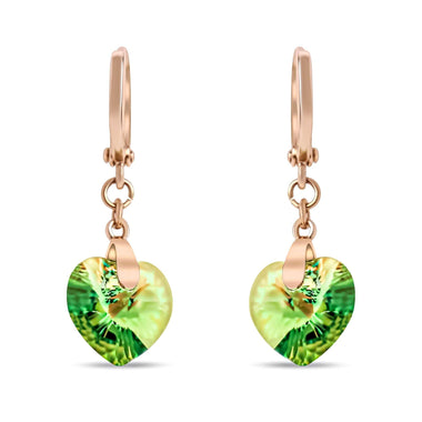 Green heart drop earrings, 30 mm