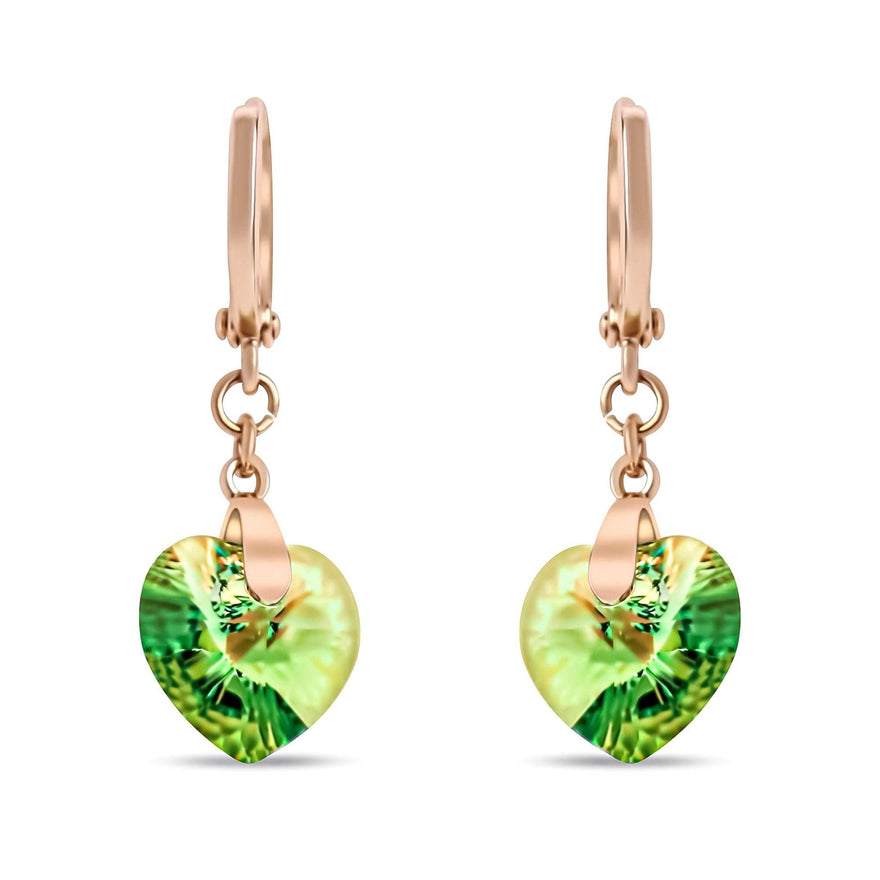 Green heart drop earrings, 30 mm