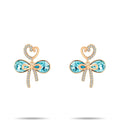 Gold-plated bow earrings with a turquoise-blue stone and cubic zirconia heart above