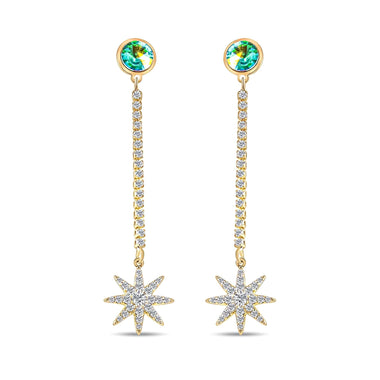 Star chain earrings with a green stone