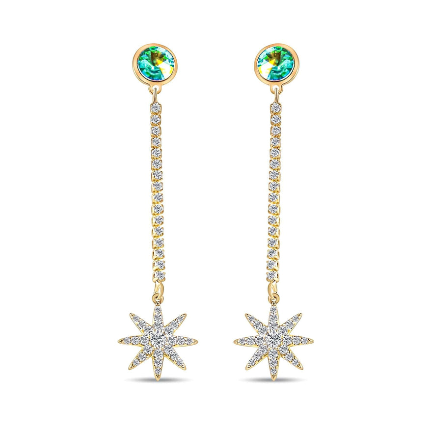 Star chain earrings with a green stone