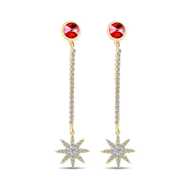 Red crystal star drop earrings, 57 mm
