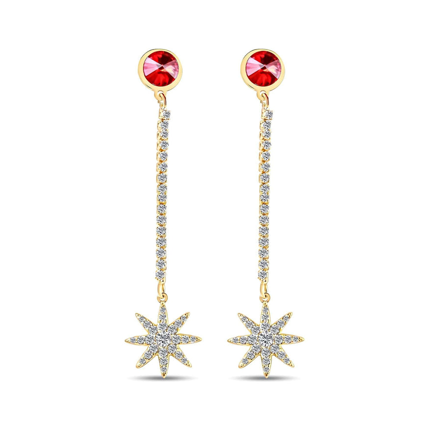 Red crystal star drop earrings, 57 mm