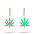 Earrings with green enamel leaf drops and white cubic zirconia on gold-plated clasps