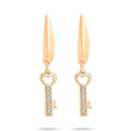 Gold-plated leverback earrings with a key drop, white cubic zirconia on the shaft
