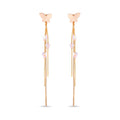 Gold-tone long earrings with a butterfly stud and three chains of crystal beads