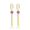 Long gold-plated chain earrings with a pearl, violet crystal and cubic zirconia