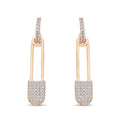Rose gold-tone safety pin earrings covered in crystals, small hoop closure