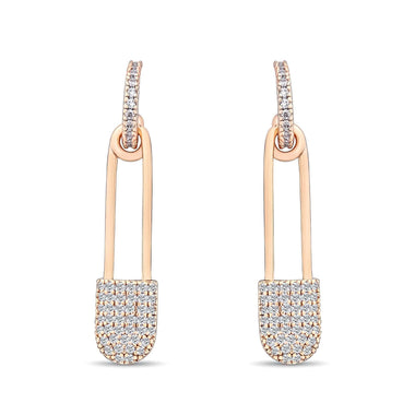 Pavé safety pin drop earrings, 32 mm