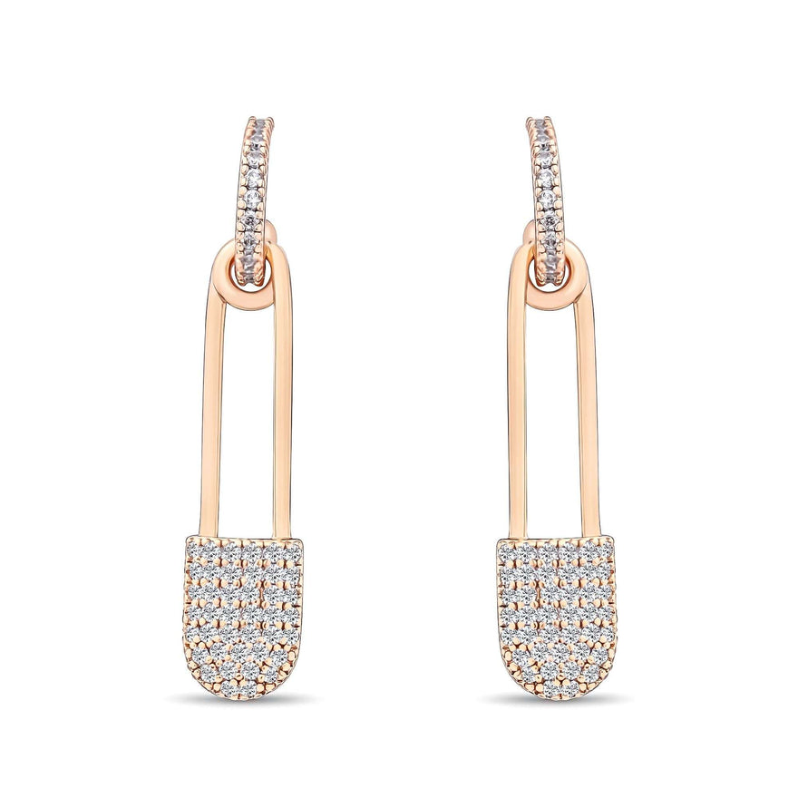 Pavé safety pin drop earrings, 32 mm