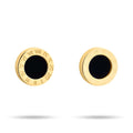 Gold-plated earrings with a black inlay and engraved Roman numerals on a white background
