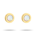 Gold-plated round earrings with Roman numerals and a faux pearl centre on white