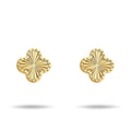 Gold-plated clover studs with a sunburst relief and dotted rim on a white background