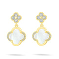 Front view of four-leaf clover earrings with mother-of-pearl and cubic zirconia on white