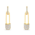 Gold-plated safety pin earrings with white cubic zirconia on a white background
