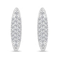 Elongated platinum-plated earrings densely set with clear crystals on a white background