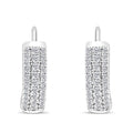 Small silver-tone hoop earrings with three rows of round cubic zirconia, close-up