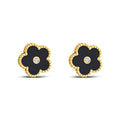 Flower stud earrings with black enamel, gold-plated rim and a cubic zirconia centre