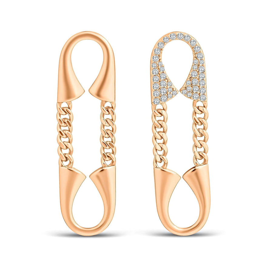 Asymmetric safety pin chain earrings