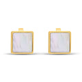 Square earrings with a pearlescent white panel and gold-tone frame on white