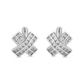 Criss-cross earrings with square cubic zirconia and platinum plating on a white background
