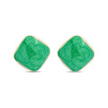 Rhombus stud earrings with a green stone effect and gold-tone rim on white
