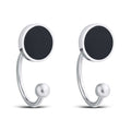 Two-in-one earrings with black enamel circle and rhodium half-circle ending in a ball